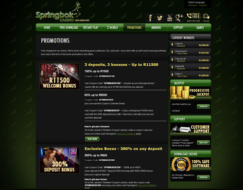 Springbok Casino Promotions Page Screenshot